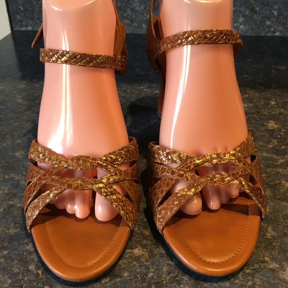 Cole Haan Tan & Metallic Gold Braided Strap Sandal